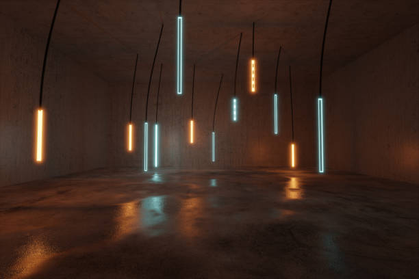 istock 3d rendering of concrete empty room background with illuminated hanging cyan and orange led panels 1202076973