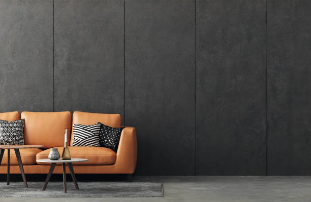 living room interior in loft, industrial style - wood table old dirty imagens e fotografias de stock