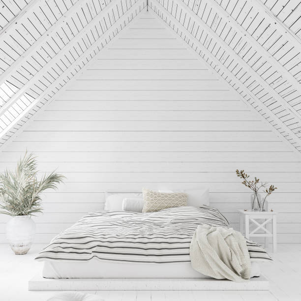 intérieur blanc de chambre à coucher dans le grenier - house attic desing residential structure photos et images de collection