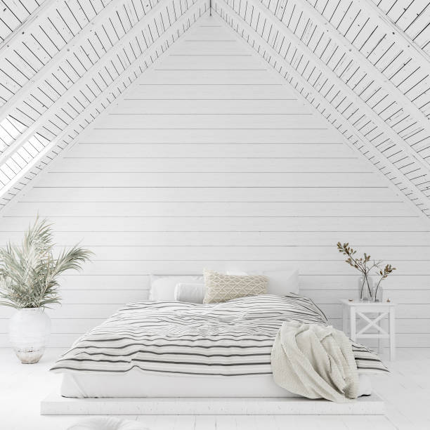 white bedroom interior in attic - hotel room hotel bedroom picture frame imagens e fotografias de stock