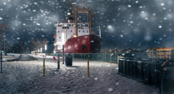 A Canadian Coast Guard ship is moored on the Windsor waterfront.