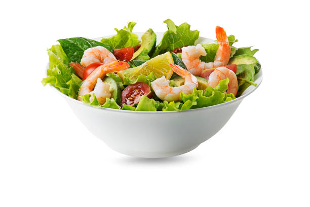 Salad with grilled shrimps and parmesan cheese flakes
