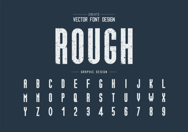 Texture font and alphabet vector, Rough tall typeface letter and number design, Graphic text on background Texture font and alphabet vector, Rough tall typeface letter and number design, Graphic text on background Letterpress stock illustrations