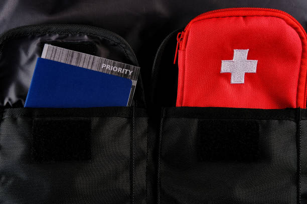 istock External passport with airplane ticket inside and tourists first aid kit in the pockets of the travel backpack 1202091300
