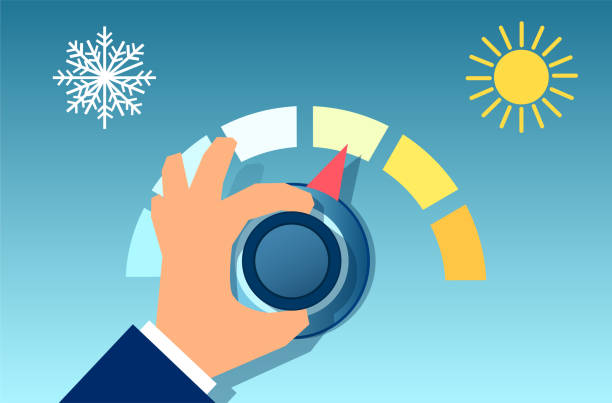 Vector of a hand rotating the thermostat. Illustration of an climate control regulator. Vector of a hand rotating the thermostat. Illustration of an climate control regulator. adjusting stock illustrations