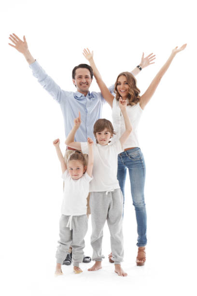 istock Family with raised hands on white 1202093481