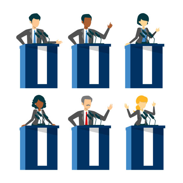 Collection of candidate for president standing Collection of candidate for president standing in the suit at tribune vector isolated. Speaker talking. Person at the podium speak to the microphone. Political person. politics illustrations stock illustrations