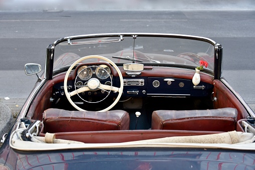 Jüchen, Germany - September 21, 2019: Mercedes-Benz 190 SL sport convertible classic car detail at Koenigsallee in Duesseldorf. The Mercedes-Benz 190 SL (W121) is a two-door super luxury roadster produced by Mercedes-Benz between May 1955 and February 1963.