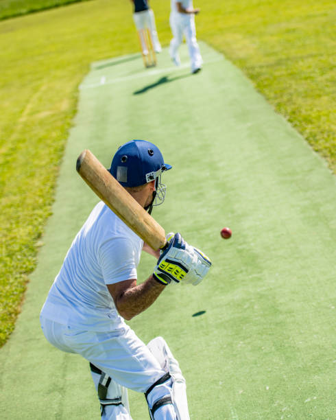 Cricket batter preparing to hit the ball Rear view of a cricket batsman preparing to hit the ball which is traveling towards him. batsman photos stock pictures, royalty-free photos & images