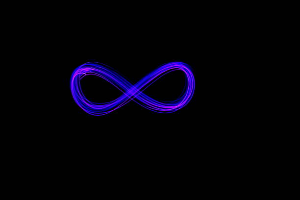 istock Long exposure light painting photography, vibrant purple color in an infinity loop pattern against a clean black background.  Vibrant abstract color background 1202099703