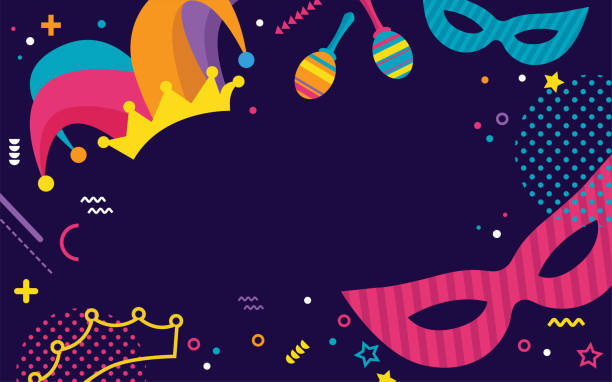 ilustraciones, imágenes clip art, dibujos animados e iconos de stock de bandera de feria de carnaval con máscaras sobre colorido fondo geométrico moderno en estilo memphis 80s. bandera festiva de celebración con iconos y objetos de carnaval. - vector costume party feather