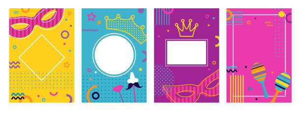카니발 다채로운 포스터 세트, 전단지 또는 초대장. 멤피스 80 년대 스타일의 다채로운 현대 기하학적 배경에 마스크와 크라운과 유원지 재미있는 티켓 디자인 - carnaval stock illustrations