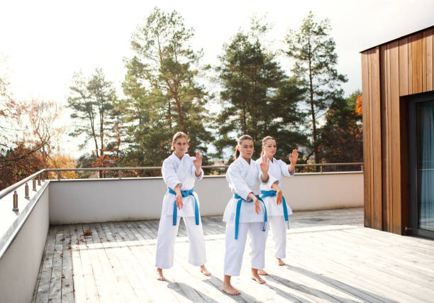 istock Group of young women practising karate outdoors on terrace. 1202103533