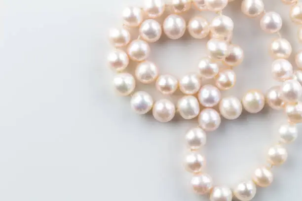 Pearl necklace background with a string of pink pearls isolated on white background - top view photograph with text space