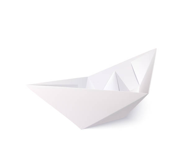 Paper Origami Boat White Paper Origami Hand Crafted Boat Isolated On White Background. 3d Vector Photo Realistic Illestration hyperreal stock illustrations