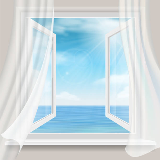 ilustrações de stock, clip art, desenhos animados e ícones de view through a open window with curtains to the sea. - looking at view water sea blue