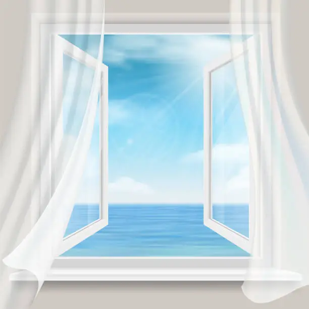 Vector illustration of View through a open window with curtains to the sea.