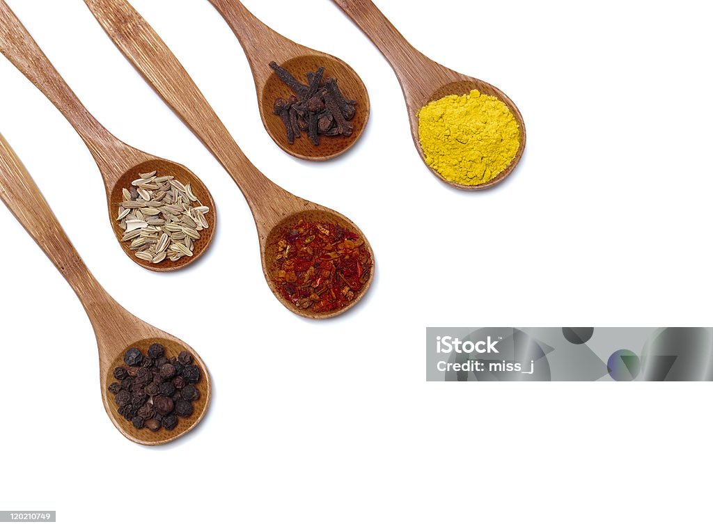 Spices Various of spices in wooden spoon isolated over white Brown Stock Photo