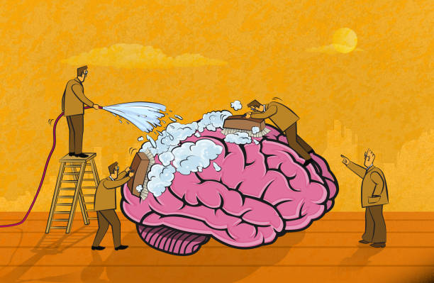 Brainwashing A group of cleaners are washing the brain. (Used clipping mask) school cleaning stock illustrations