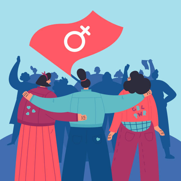 ilustrações de stock, clip art, desenhos animados e ícones de women hug each other at the womens rights march - denim jacket