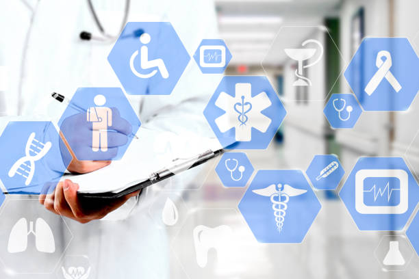 istock Medical network connection on the virtual touch screen and Doctor with stethoscope in hospital background.Technology and medicine concept. 1202110259