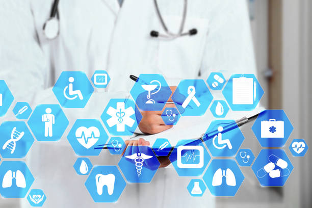 istock Medical network connection on the virtual touch screen and Doctor with stethoscope in hospital background.Technology and medicine concept. 1202110283