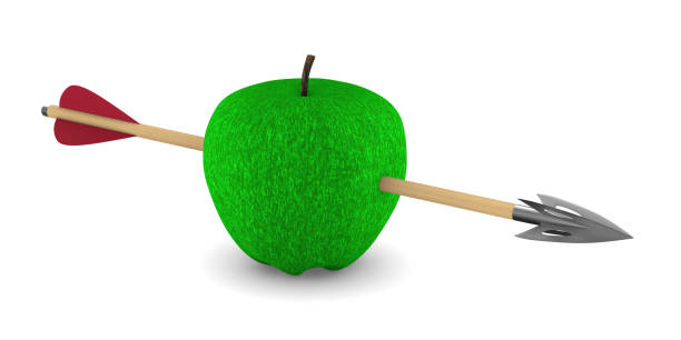 maçã verde e flecha em fundo branco. ilustração 3d isolada - dart target darts penetrating - fotografias e filmes do acervo
