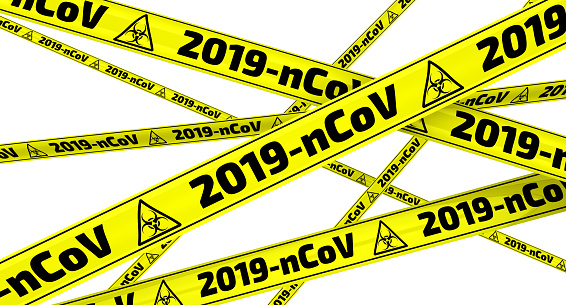 Yellow warning tapes with black text 2019-nCoV (The 2019 novel coronavirus, also known as 2019-nCoV). Isolated. 3D Illustration