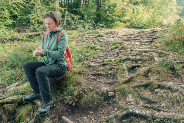 istock Female hiker checking on smart fitness tracker while resting 1202114334