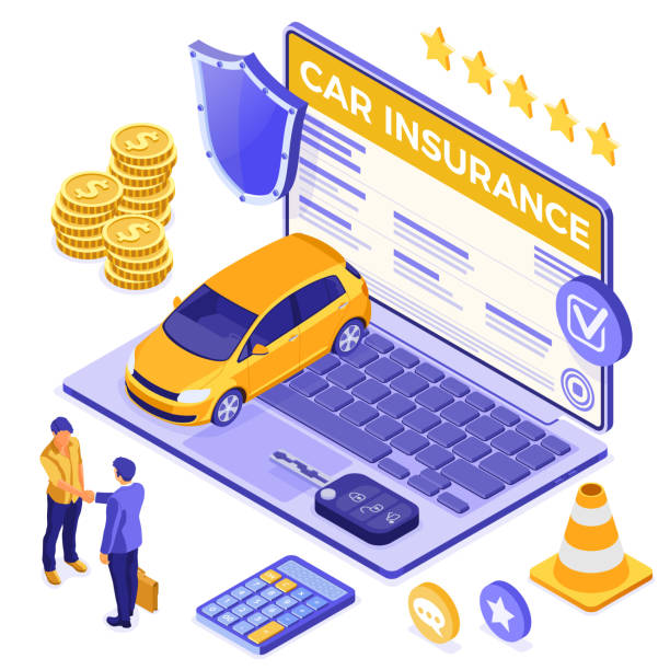 illustrazioni stock, clip art, cartoni animati e icone di tendenza di concetto isometrico di assicurazione auto online - auto accidents symbol insurance computer icon