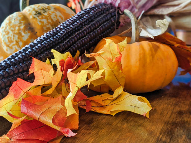 豊かな感謝祭の装飾センターピースマクロショット - autumn corn indian corn decoration ストックフォトと画像