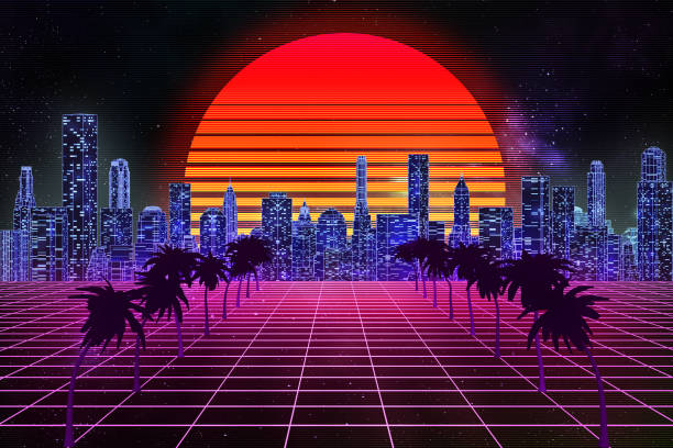 Retro wave, synthwave or vaporwave skyline scenery or landscape at night with starry sky and sun. 3d rendering abstract illustration. Arcade gaming 80's style with purple grid terrain.