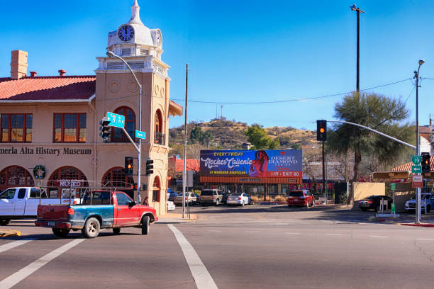 Giant billboard on the corner of Nogales Border Plaza and next to the City Hall history museum in Nogales, AZ Giant billboard on the corner of Nogales Border Plaza and next to the City Hall history museum in Nogales, AZ nogales arizona stock pictures, royalty-free photos & images