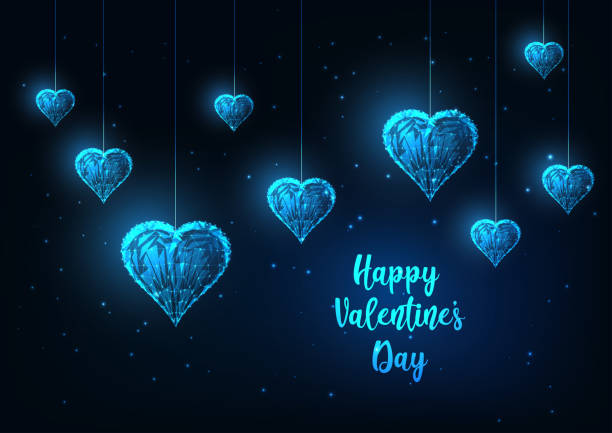 진한 파란색에 빛나는 낮은 폴리 매달려 마음으로 미래 행복 발렌타인 데이 인사말 카드. - valentines day heart shape backgrounds star shape stock illustrations