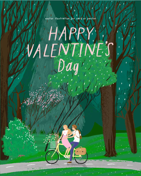 chúc mừng ngày lễ tình yêu! ảnh minh họa kỳ nghỉ lễ 14/2 - hẹn hò trên chiếc xe đạp trong rừng về thiên nhiên. vẽ cho nền, thẻ hoặc áp phích. - nature walk hình minh họa sẵn có