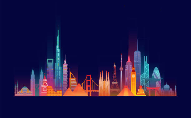 ilustraciones, imágenes clip art, dibujos animados e iconos de stock de skyline mundial. entorno de viajes y turismo. ilustración plana vectorial - new york city