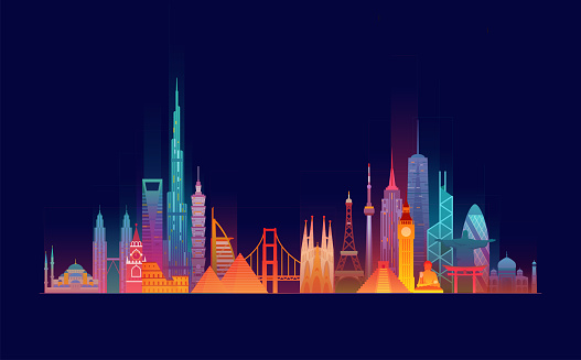 World skyline. Travel and tourism background. Vector flat illustration