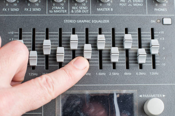 istock Sound music mixer control panel.Buttons on mixer. 1202125650