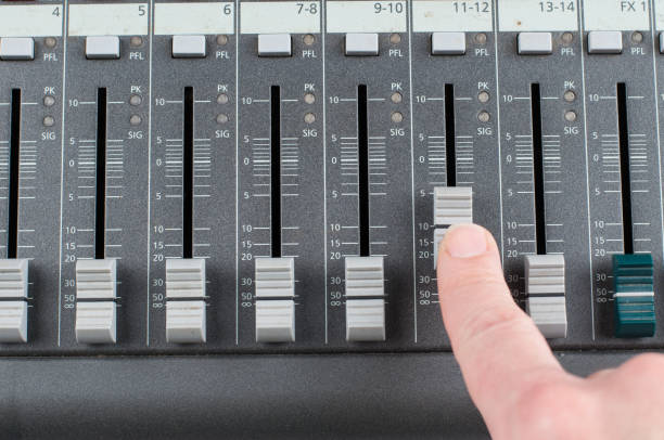 istock Sound music mixer control panel.Buttons on mixer. 1202125793