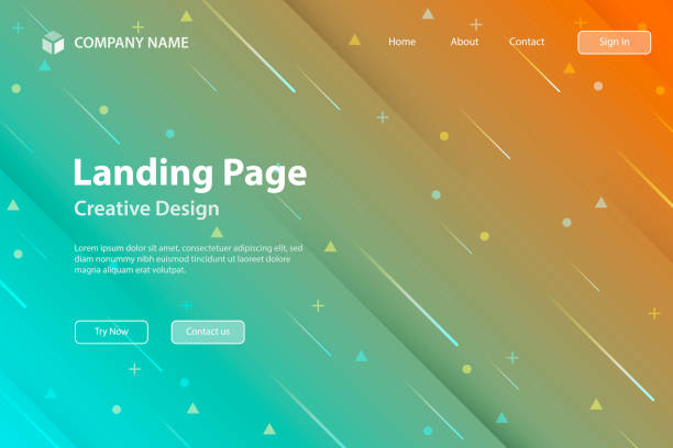 Landing page Template - Abstract design with geometric shapes - Trendy Orange Gradient Landing page template for your website with a futuristic background, looking like a meteor shower. Modern and trendy abstract background with geometric shapes. This illustration can be used for your design, with space for your text (colors used: Turquoise, Blue, Green, Orange). Vector Illustration (EPS10, well layered and grouped), wide format (3:2). Easy to edit, manipulate, resize or colorize. neon turquoise stock illustrations