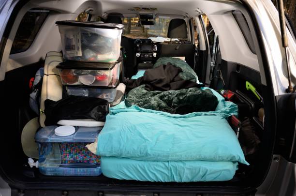 istock Bedding in back of SUV overland vehicle 1202126567