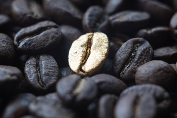 焙煎コーヒーの背景に黄金豆のクローズアップ - caffeine macro close up bean ストックフォトと画像