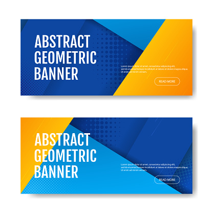 Colorful geometric banner background in blue and yellow. Universal trend of halftone geometric shapes. Modern vector illustration