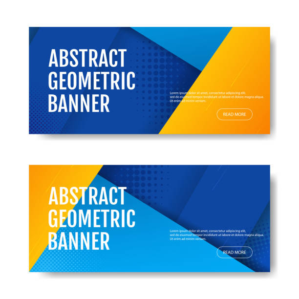 Colorful geometric banner background in blue and yellow. Universal trend of halftone geometric shapes. Modern vector illustration. Colorful geometric banner background in blue and yellow. Universal trend of halftone geometric shapes. Modern vector illustration web banner stock illustrations