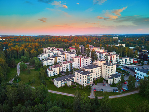 Beautiful aerial sunset view of Espoo, residential suburb of Helsinki, Finland