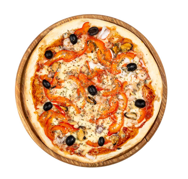 istock Classic thin pizza with seafood, mozarella, pepper isolated on white background 1202128496