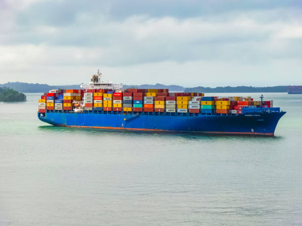 maersk line container cargo ship at panama canal. - panama canal panama global finance container ship imagens e fotografias de stock