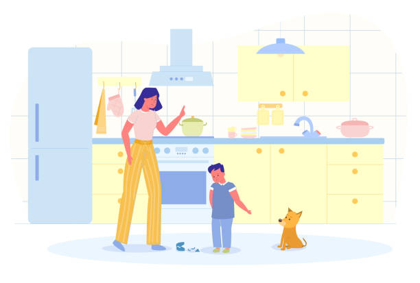 Son is Guilty before Mom Vector Illustration. Son is Guilty before Mom Vector Illustration. Mom Scolds her Son for Breaking Plate in Kitchen. Boy Guiltily Lowered Head and Points Hand to his Friend, Puppy. Kitchen has all Necessary Furniture. positive negative slide stock illustrations