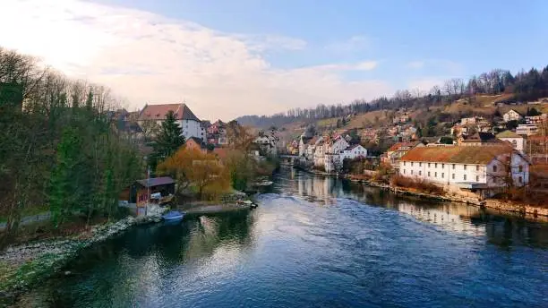 January. View of the Aare River and the Old Town, Brugg, Switzerland.