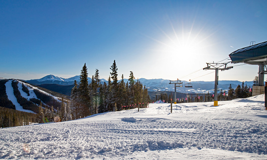 Scenic view of Colorado mountains in winter on a sunny day